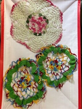 Crochet Doilies Homemade 2 Green & Pink and 1 White and Pink Floral Motifs OSK